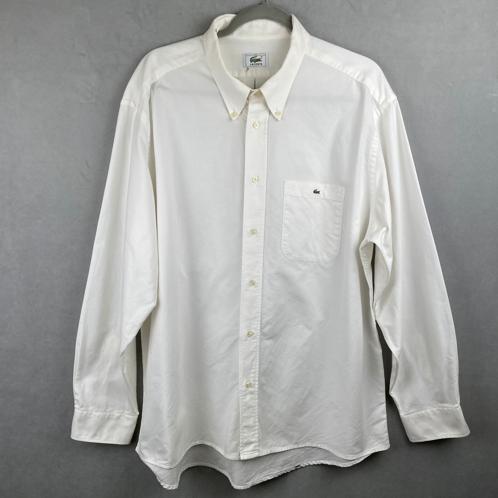 Vintage Lacoste White Cotton Oxford Long Sleeve Button Down Shirt Sz 46 XXL Croc